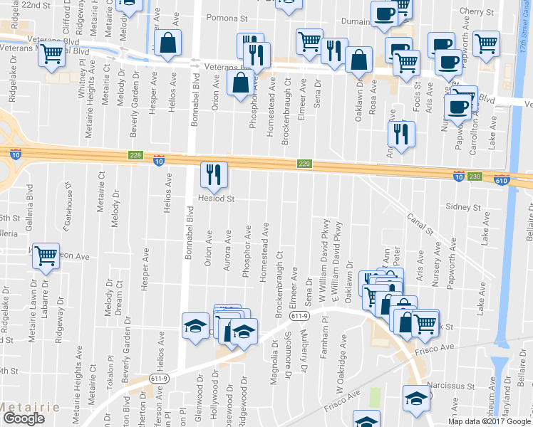 map of restaurants, bars, coffee shops, grocery stores, and more near 443 Homestead Avenue in Metairie