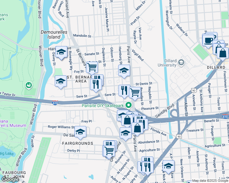 map of restaurants, bars, coffee shops, grocery stores, and more near 3632 Gibson Street in New Orleans