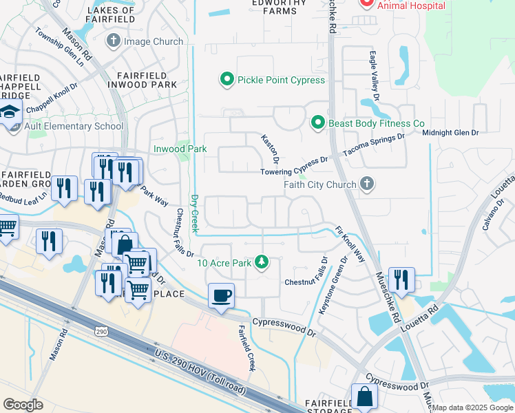 map of restaurants, bars, coffee shops, grocery stores, and more near 14918 Rustler Gate Lane in Cypress