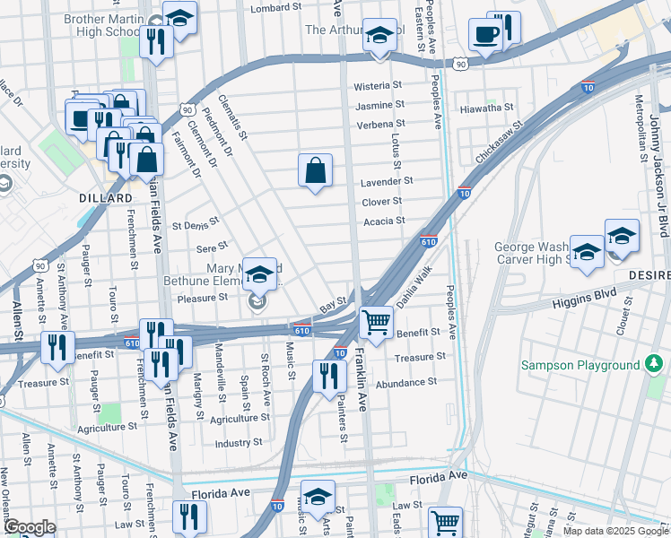 map of restaurants, bars, coffee shops, grocery stores, and more near 3409 Clematis Street in New Orleans