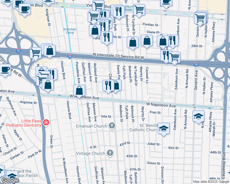 map of restaurants, bars, coffee shops, grocery stores, and more near 2121 Cleary Avenue in Metairie