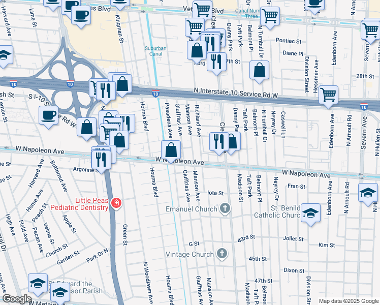 map of restaurants, bars, coffee shops, grocery stores, and more near 2109 Manson Avenue in Metairie