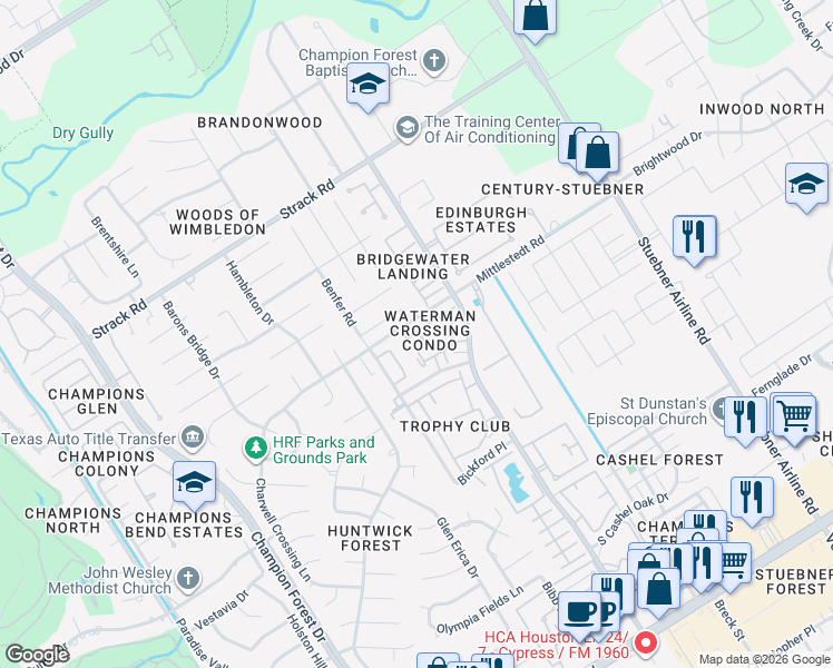 map of restaurants, bars, coffee shops, grocery stores, and more near 14777 Wunderlich Drive in Houston