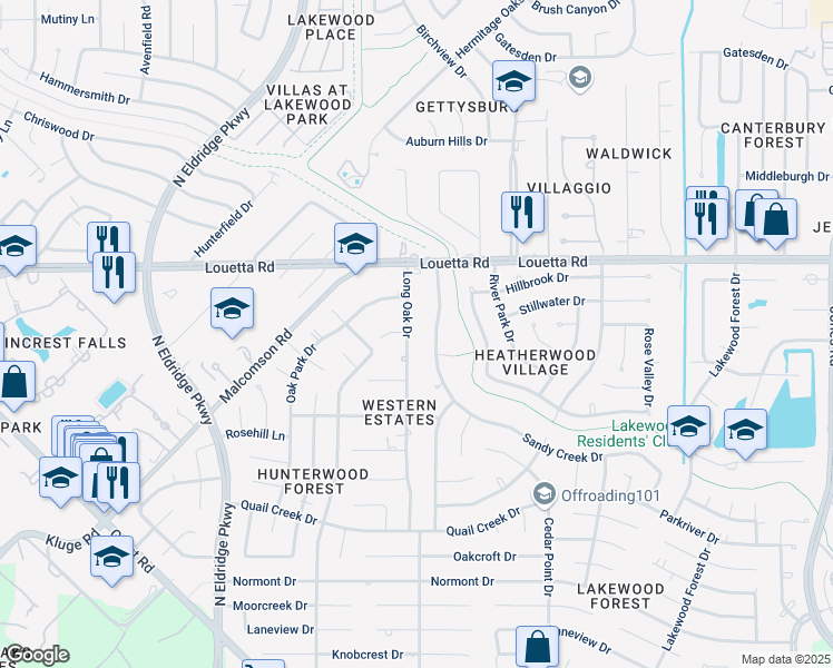 map of restaurants, bars, coffee shops, grocery stores, and more near 15114 Long Oak Drive in Houston