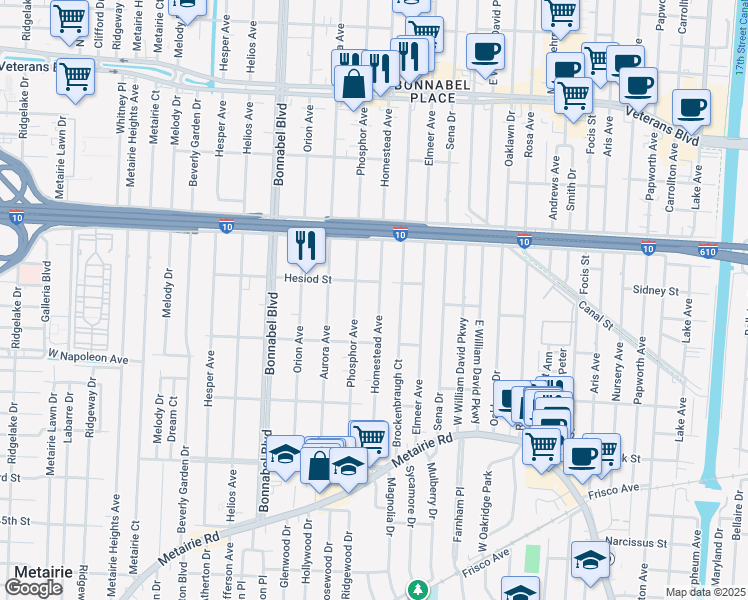 map of restaurants, bars, coffee shops, grocery stores, and more near 443 Homestead Avenue in Metairie