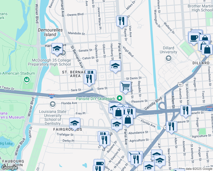 map of restaurants, bars, coffee shops, grocery stores, and more near 3634 Gibson Street in New Orleans