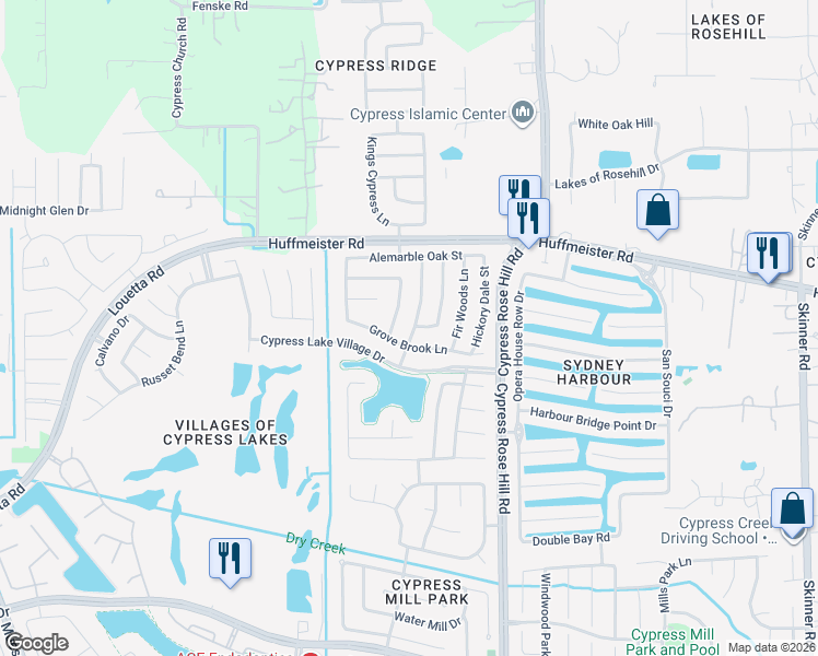 map of restaurants, bars, coffee shops, grocery stores, and more near 15319 Hazel Thicket Tr in Cypress