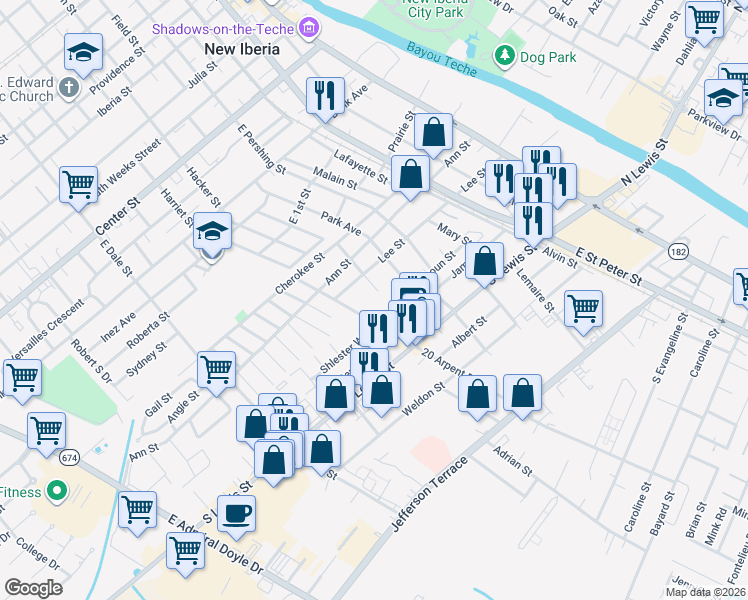 map of restaurants, bars, coffee shops, grocery stores, and more near 914 School Street in New Iberia