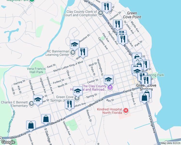 map of restaurants, bars, coffee shops, grocery stores, and more near 1005 Forbes Street in Green Cove Springs