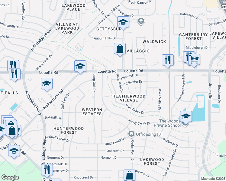 map of restaurants, bars, coffee shops, grocery stores, and more near 15023 Prairie Rose Drive in Houston
