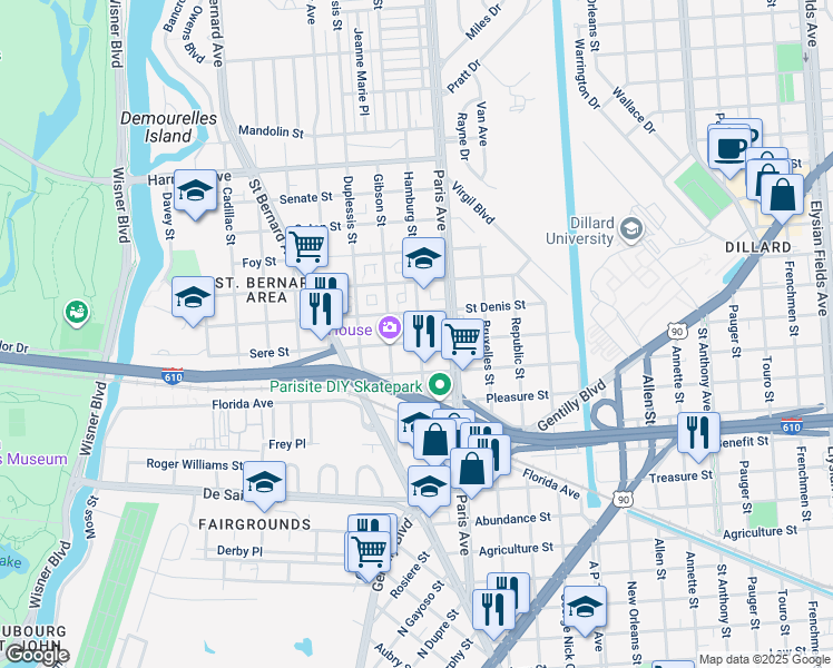 map of restaurants, bars, coffee shops, grocery stores, and more near 3608 Hamburg Street in New Orleans