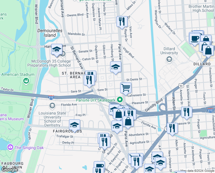 map of restaurants, bars, coffee shops, grocery stores, and more near 3631 Gibson Street in New Orleans
