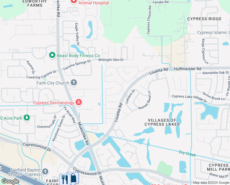 map of restaurants, bars, coffee shops, grocery stores, and more near 19106 Balcones Pine Street in Cypress