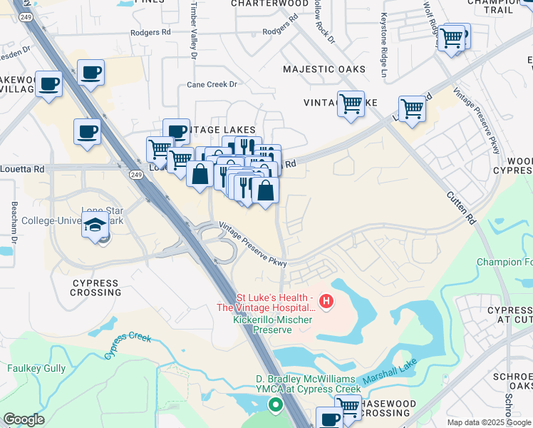 map of restaurants, bars, coffee shops, grocery stores, and more near 106 Vintage Park Boulevard in Houston