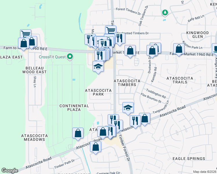 map of restaurants, bars, coffee shops, grocery stores, and more near 5331 Hill Timbers Drive in Humble