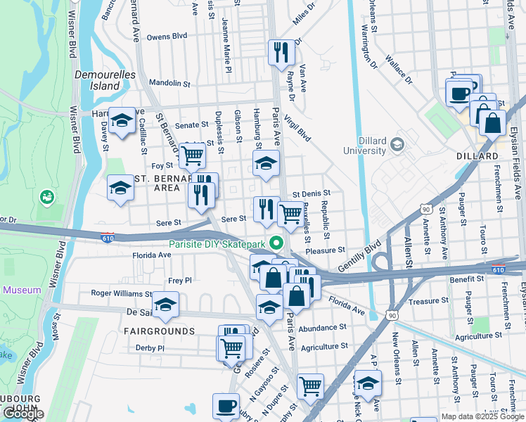 map of restaurants, bars, coffee shops, grocery stores, and more near 3632 Hamburg Street in New Orleans