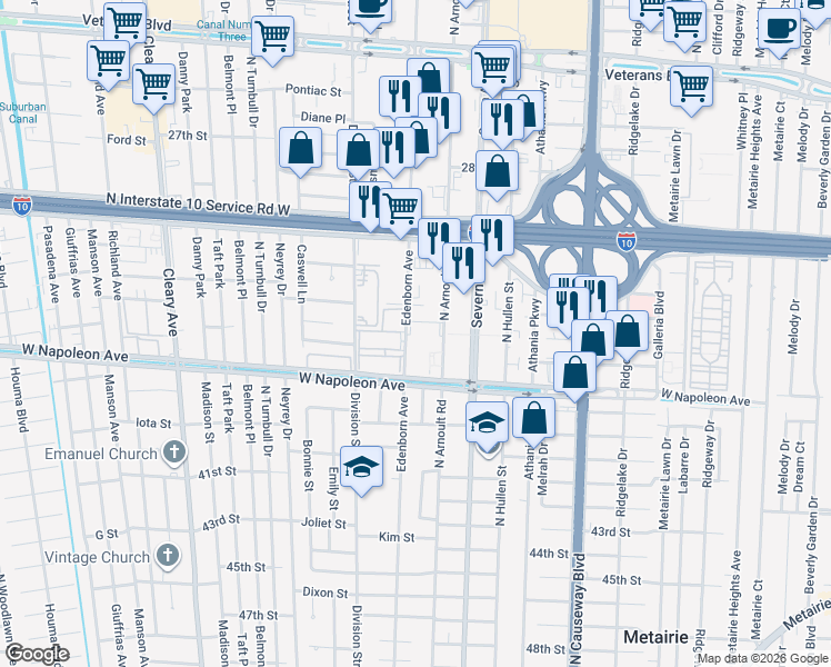 map of restaurants, bars, coffee shops, grocery stores, and more near 2217 Edenborn Avenue in Metairie