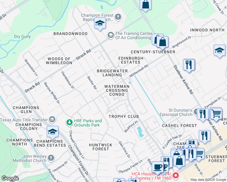map of restaurants, bars, coffee shops, grocery stores, and more near 14777 Wunderlich Drive in Houston