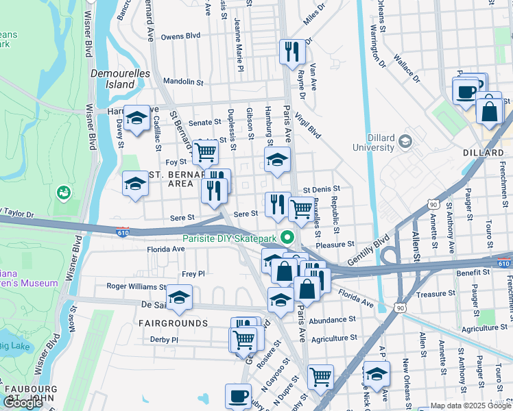 map of restaurants, bars, coffee shops, grocery stores, and more near 3637 Gibson Street in New Orleans