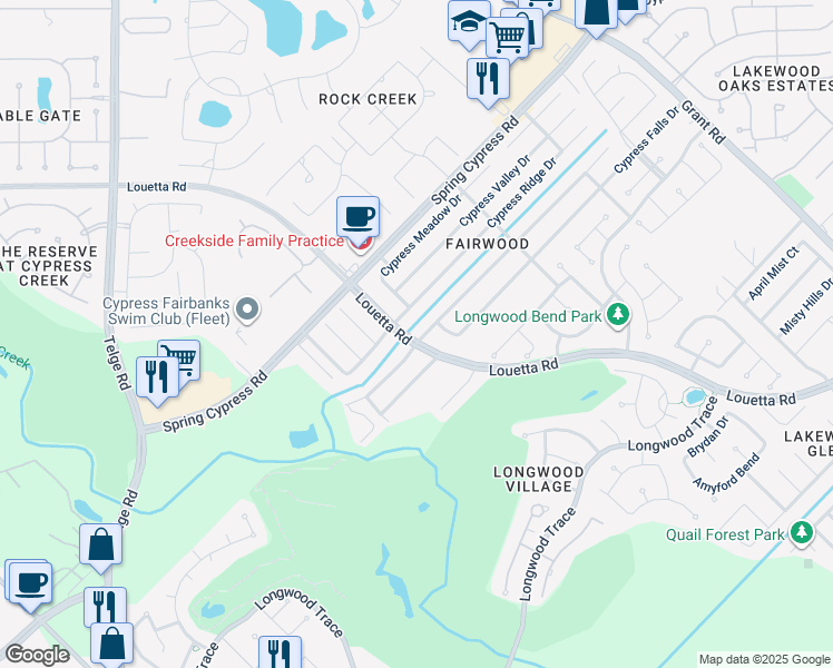 map of restaurants, bars, coffee shops, grocery stores, and more near 14818 Cypress Green Drive in Cypress