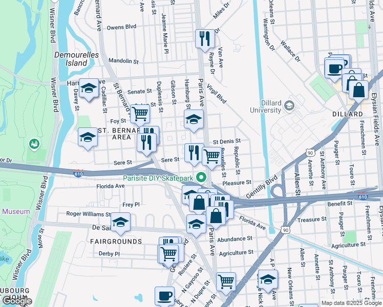 map of restaurants, bars, coffee shops, grocery stores, and more near 3634 Hamburg Street in New Orleans