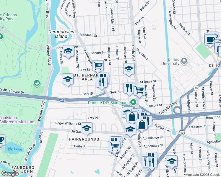 map of restaurants, bars, coffee shops, grocery stores, and more near 3632 Duplessis Street in New Orleans