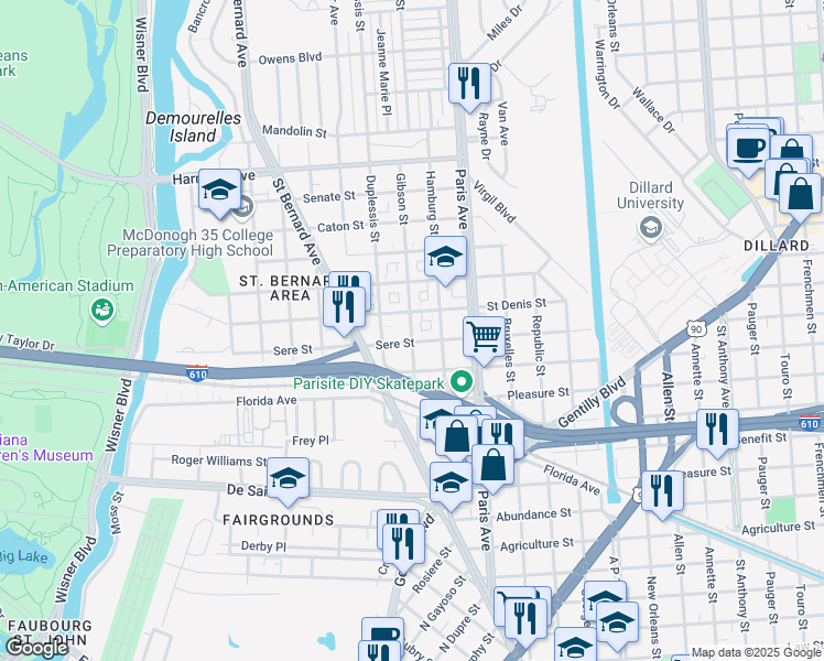 map of restaurants, bars, coffee shops, grocery stores, and more near 3639 Gibson Street in New Orleans