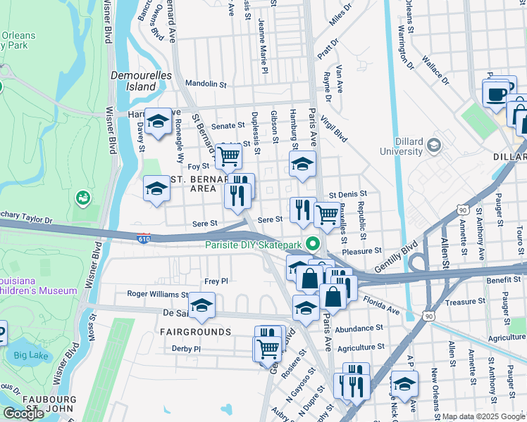 map of restaurants, bars, coffee shops, grocery stores, and more near 3633 Duplessis Street in New Orleans