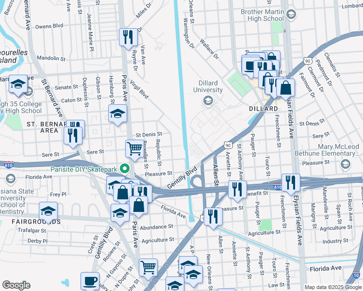 map of restaurants, bars, coffee shops, grocery stores, and more near Sere Street in New Orleans