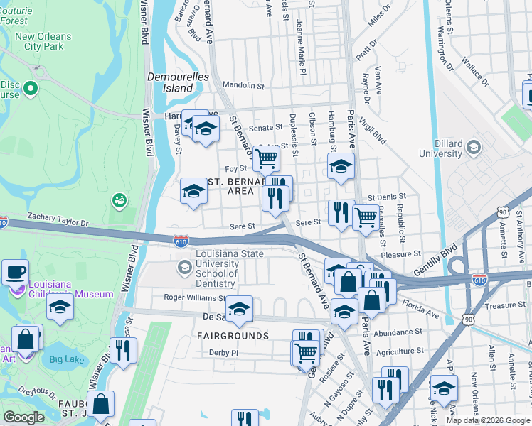 map of restaurants, bars, coffee shops, grocery stores, and more near 3622 Alfred Street in New Orleans