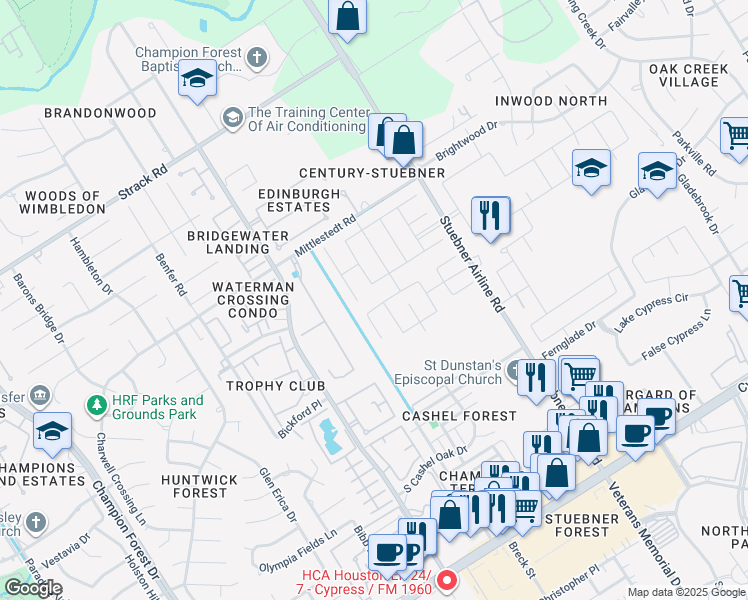 map of restaurants, bars, coffee shops, grocery stores, and more near 14535 Maple Field Drive in Houston