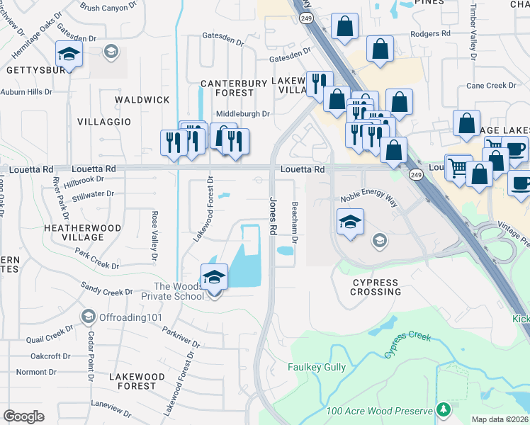 map of restaurants, bars, coffee shops, grocery stores, and more near 34 Bassdale Drive in Houston