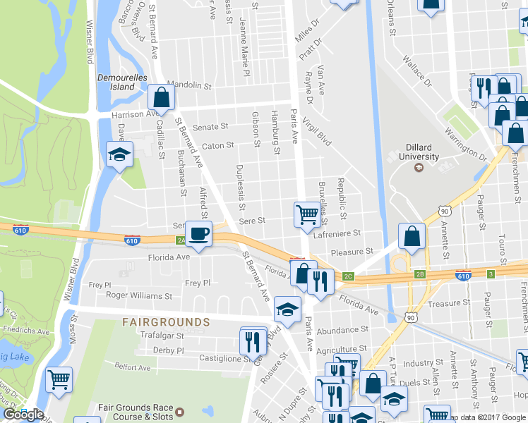 map of restaurants, bars, coffee shops, grocery stores, and more near 3633 Gibson Street in New Orleans