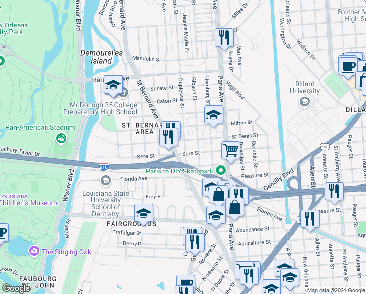 map of restaurants, bars, coffee shops, grocery stores, and more near 3634 Duplessis Street in New Orleans