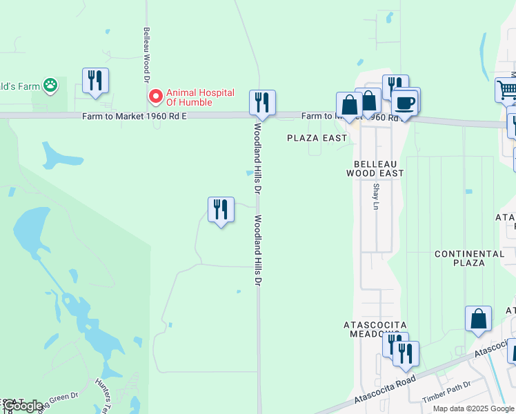 map of restaurants, bars, coffee shops, grocery stores, and more near 18861 Woodland Hills Drive in Atascocita
