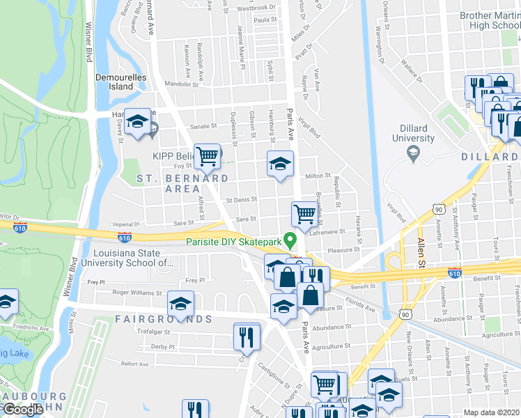 map of restaurants, bars, coffee shops, grocery stores, and more near 3635 Gibson Street in New Orleans