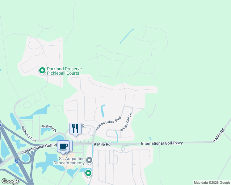 map of restaurants, bars, coffee shops, grocery stores, and more near 99 Ash Breeze Cove in St. Augustine
