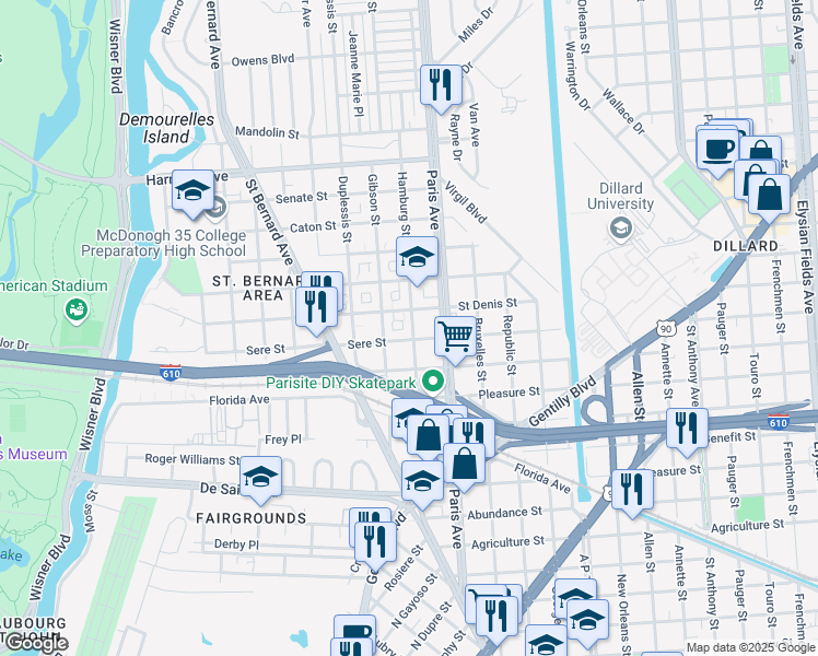 map of restaurants, bars, coffee shops, grocery stores, and more near 3632 Hamburg Street in New Orleans