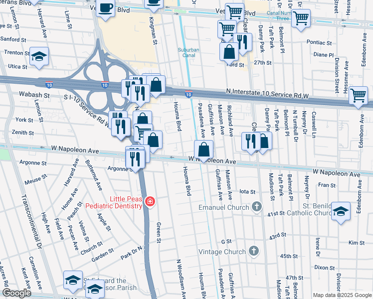 map of restaurants, bars, coffee shops, grocery stores, and more near 2221 Houma Boulevard in Metairie