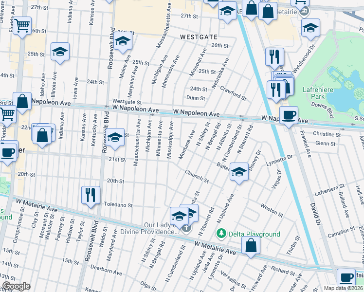 map of restaurants, bars, coffee shops, grocery stores, and more near 1433 Montana Avenue in Kenner