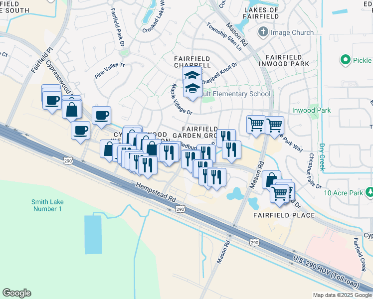 map of restaurants, bars, coffee shops, grocery stores, and more near 15014 Redbud Leaf Lane in Harris County