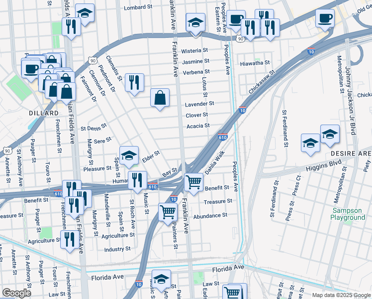 map of restaurants, bars, coffee shops, grocery stores, and more near 3405 Franklin Avenue in New Orleans