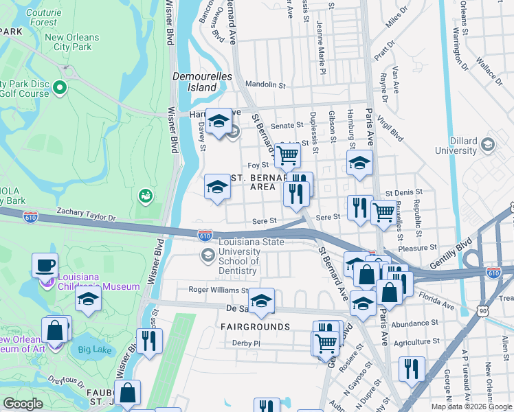 map of restaurants, bars, coffee shops, grocery stores, and more near 3618 Buchanan Street in New Orleans