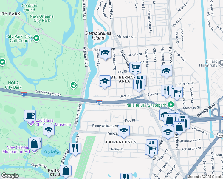map of restaurants, bars, coffee shops, grocery stores, and more near 34100 Sere Street in New Orleans