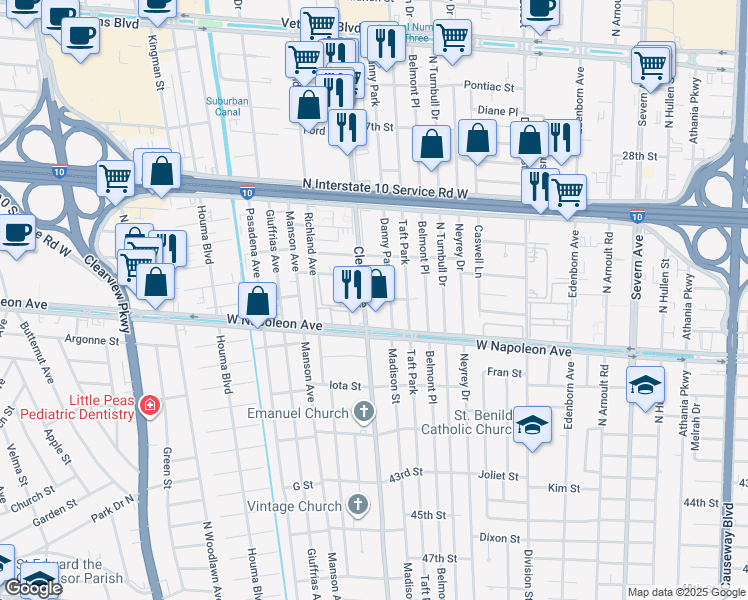 map of restaurants, bars, coffee shops, grocery stores, and more near 2121 Cleary Avenue in Metairie
