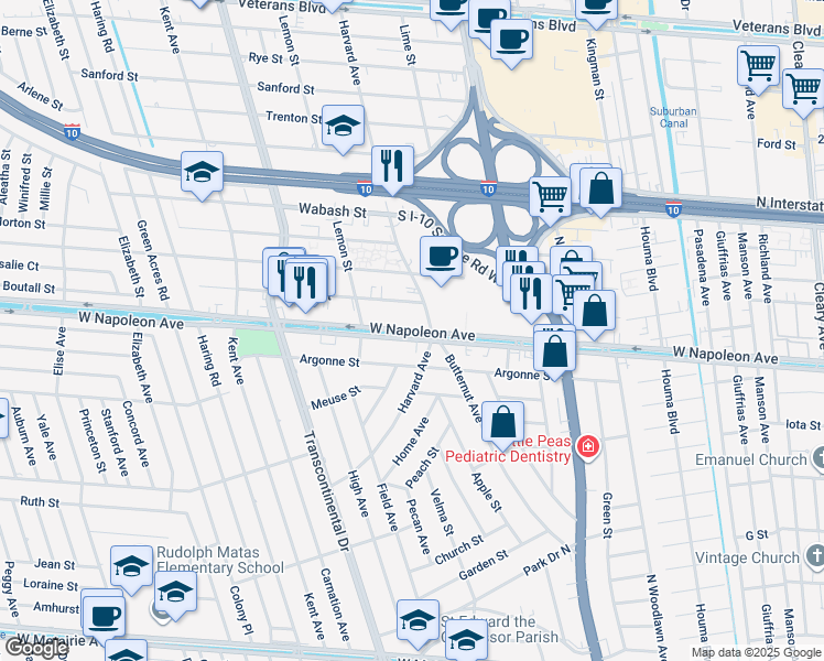 map of restaurants, bars, coffee shops, grocery stores, and more near 4812 West Napoleon Avenue in Metairie