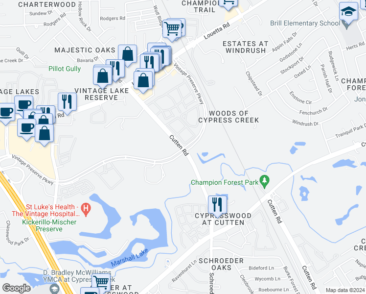 map of restaurants, bars, coffee shops, grocery stores, and more near 11162 Vintage Preserve Parkway in Houston