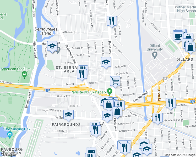 map of restaurants, bars, coffee shops, grocery stores, and more near 3637 Gibson Street in New Orleans