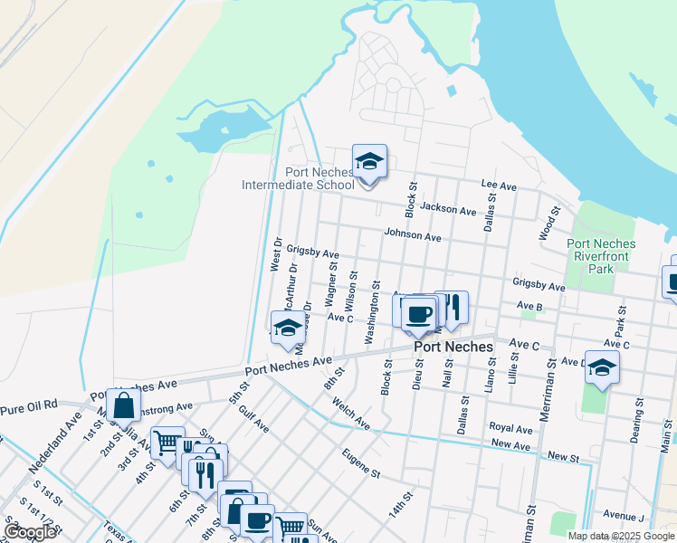 map of restaurants, bars, coffee shops, grocery stores, and more near 1015 Wagner Street in Port Neches
