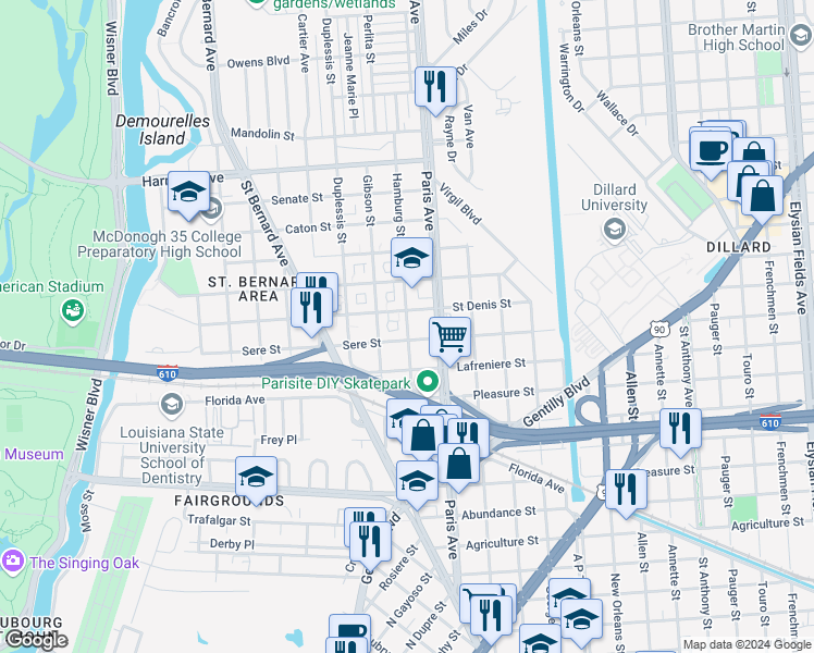 map of restaurants, bars, coffee shops, grocery stores, and more near 3634 Hamburg Street in New Orleans
